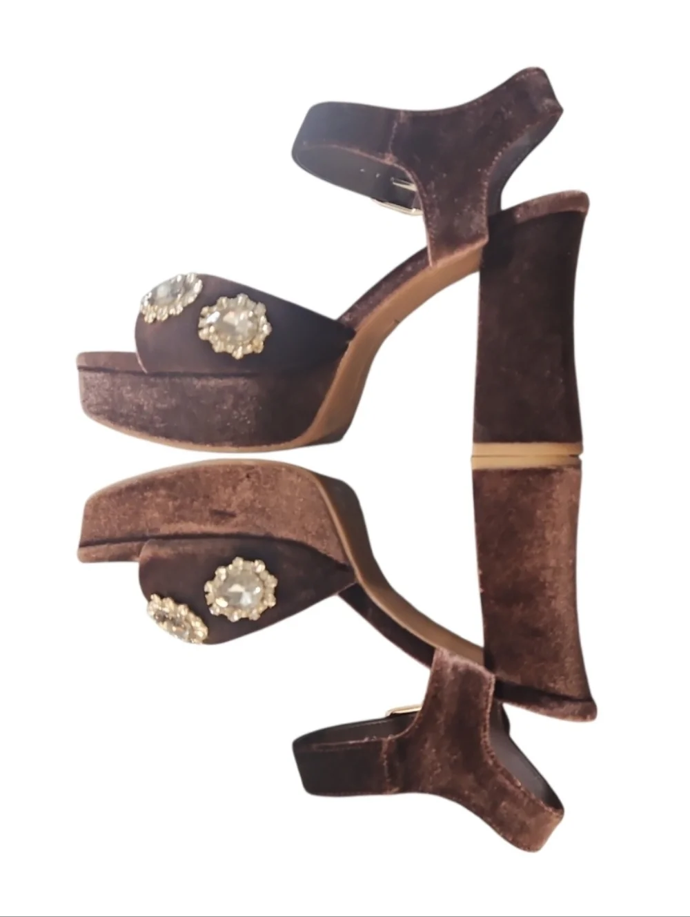 Copper Key Celleste Two Velvet Jewel Embellished Platform Sandals Brown 7.5